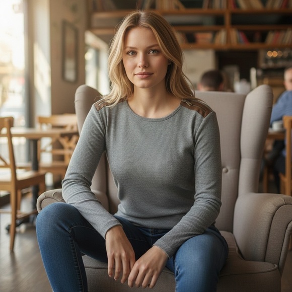 Ralph Lauren Tops - Ralph Lauren Gray Long Sleeve Women's Top with Leather Zipper Detail